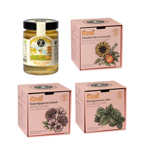 Trio ceai nalbă, piersică, mentă + miere