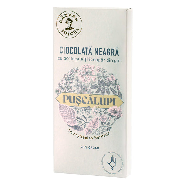 Ciocolată neagră cu portocale și ienupăr din gin Pușcălupi 70% cacao - Răzvan Idicel - 80g