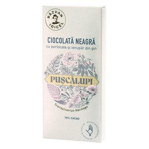 Ciocolată neagră cu portocale și ienupăr din gin Pușcălupi 70% cacao - Răzvan Idicel - 80g
