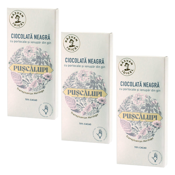 Pachet 3 Ciocolate negre cu portocale și ienupăr din gin Pușcălupi
