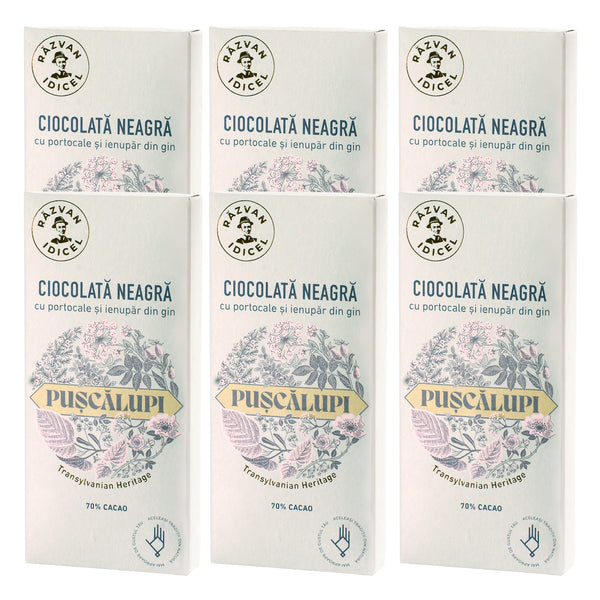 Pachet 6 Ciocolate negre cu portocale și ienupăr din gin Pușcălupi