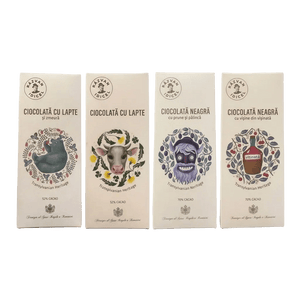 Pachet 4 ciocolate - prune si palinca 40g, visine si visinata 40g, lapte 30g, lapte si zmeura 30g
