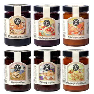 Răzvan Idicel black cherry jam in a glass jar with a vintage-style illustrated label on a white background.