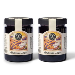 Two jars of Răzvan Idicel blueberry jam featuring a vintage-style label with a blueberry pie illustration.