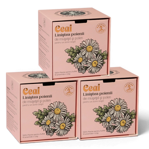 Răzvan Idicel Trio Ceai Liniștea Poienii chamomile and pollen tea box with botanical illustration on pink packaging