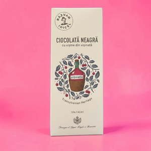 Răzvan Idicel 70% dark chocolate bar with sour cherries soaked in cherry liqueur, in white illustrated packaging.