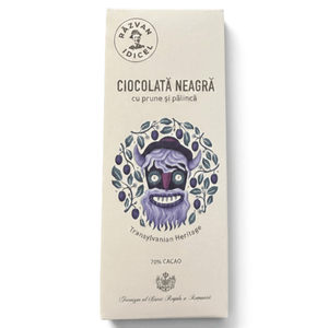 Răzvan Idicel 70% dark chocolate bar with prunes and palinca, featuring artistic packaging on a light purple background.