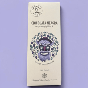 Răzvan Idicel 70% dark chocolate bar with prunes and plum brandy, featuring traditional Transylvanian illustration.