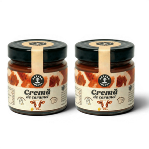 Răzvan Idicel Duo Cremă Caramel in a glass jar with a black lid and illustrated cow label