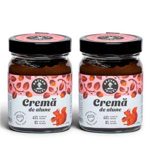 Răzvan Idicel hazelnut and cocoa cream jar with 45 percent hazelnuts, vegan label, and squirrel illustration