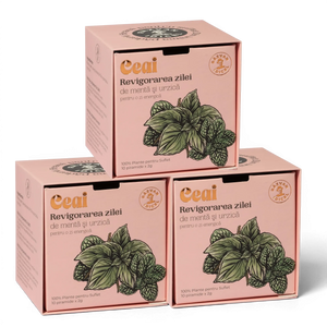 Răzvan Idicel Revigorarea Zilei herbal tea box with mint and nettle illustration on a light pink background