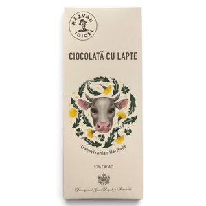 Răzvan Idicel 52% cocoa milk chocolate bar in cream packaging with a cow and dandelion illustration