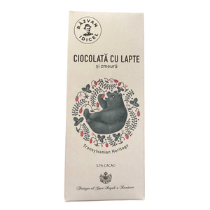Răzvan Idicel milk chocolate bar with raspberry, 52% cocoa, in white packaging featuring a bear illustration.
