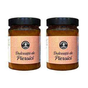 Răzvan Idicel peach jam in a glass jar with a black lid and decorative label