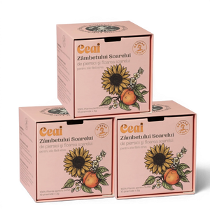 Răzvan Idicel Trio Ceai Zâmbetul Soarelui peach and sunflower tea box with botanical illustration