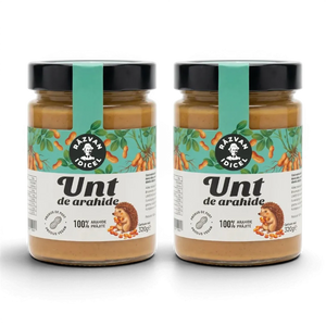 Răzvan Idicel peanut butter jar with a green label featuring a cute hedgehog illustration and 100% roasted peanuts.