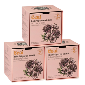 Răzvan Idicel Heart Hug tea box in pink featuring peony and mallow flower illustrations with 10 tea pyramids