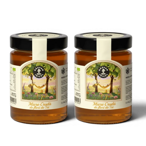 Răzvan Idicel raw linden flower honey in a glass jar with an illustrated label featuring a bee in a hammock.