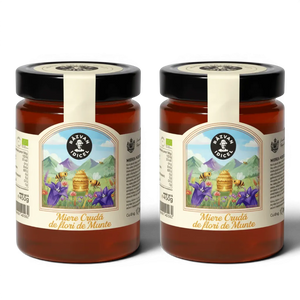 Răzvan Idicel raw mountain flower honey in a 450g glass jar with an illustrated label featuring bees and wildflowers.
