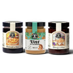 Răzvan Idicel jar of sour cherry jam with vintage-style label featuring a pancake illustration